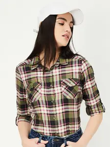 max Tartan Checked Roll Up Sleeves Pure Cotton Casual Shirt