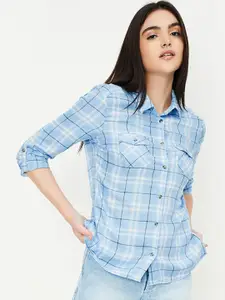 max Tartan Checks Spread Collar Roll-Up Sleeves Pocket Casual Shirt