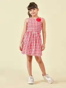 Lil Peacock Girls Checked Round Neck Gathered Cotton Fit & Flare Dress