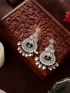 AARSHVI Rhodium-Plated American Diamond Studded Contemporary Chandbalis