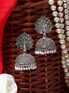 AARSHVI Silver-Plated Oxidised Beaded Contemporary Jhumkas