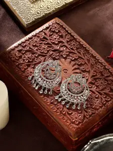 AARSHVI Silver-Plated American Diamond Contemporary Chandbalis