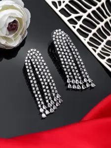 AARSHVI Silver-Plated American Diamond-Studded Contemporary Drop Earrings