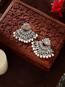 AARSHVI Rhodium-Plated American Diamond Studded Contemporary Chandbalis