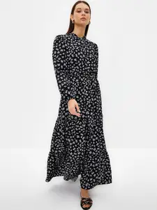 Trendyol Floral Print Mandarin Collar Cuffed Sleeves Tie-Up Neck Maxi Dress