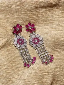 Maansh Sterling Silver-Plated American Diamond Studded Floral Tasselled Drop Earrings