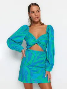 Trendyol Abstract Printed Puff Sleeve Pure Cotton Sheath Mini Dress