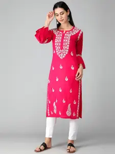Seva Chikan Ethnic Motifs Embroidered Bell Sleeves Cotton Chikankari Straight Kurta