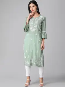 Seva Chikan Ethnic Motifs Embroidered Bell Sleeves Cotton Chikankari Straight Kurta