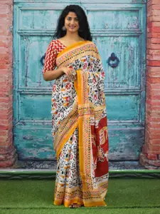 KIAARON Floral Printed Pure Cotton Block Print Saree