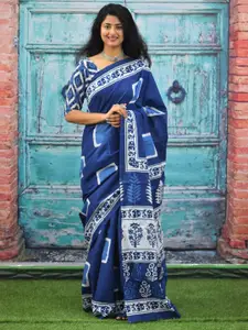 KIAARON Geometric Pure Cotton Block Print Saree