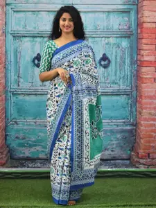 KIAARON Floral Printed Pure Cotton Block Print Saree
