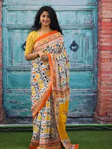 KIAARON Ethnic Motifs Pure Cotton Block Print Saree