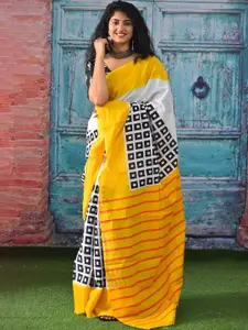 KIAARON Checked Pure Cotton Block Print Saree