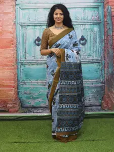 KIAARON Floral Printed Pure Cotton Block Print Saree