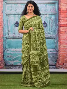 KIAARON Floral Printed Pure Cotton Block Print Saree
