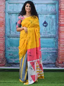 KIAARON Tie And Dye Pure Cotton Block Print Saree
