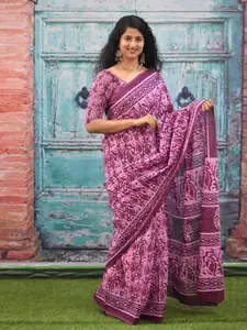 KIAARON Paisley Printed Pure Cotton Block Print Saree