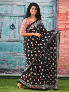 KIAARON Floral Printed Pure Cotton Block Print Saree
