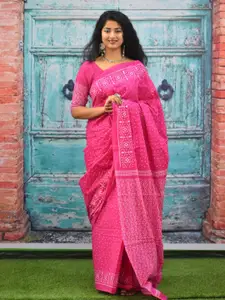 KIAARON Polka Dot Printed Pure Cotton Block Print Saree