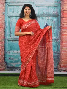 KIAARON Polka Dots Printed Pure Cotton Block Print Saree