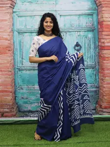 KIAARON Ethnic Motifs Printed Pure Cotton Block Print Saree
