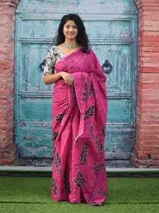 KIAARON Floral Printed Pure Cotton Block Print Saree