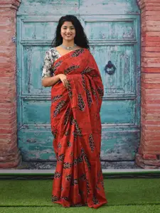 KIAARON Floral Printed Pure Cotton Block Print Saree