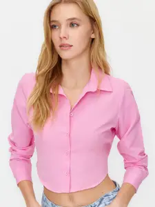 Trendyol Spread Collar Cuffed Sleeves Crop Casual Shirt