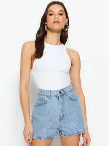Trendyol Women Embellished Pure Cotton Denim Shorts