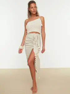 Trendyol Tasselled & Ruffled Detail Midi Cover-Up Skirt with Front-Slit