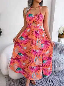 StyleCast Orange Coloured Tropical Print Halter Neck Fit & Flare Midi Dress