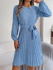 StyleCast Blue Floral Print Accordion Pleats A-Line Midi Dress