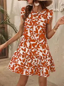 StyleCast Orange Coloured Floral Print Flutter Sleeve A-Line Dress