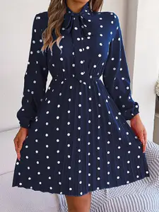 StyleCast Navy Blue Polka Dot Printed Tie-Up Neck Accordion Pleats Fit & Flare Dress
