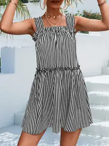 StyleCast Black Striped Ruffled A-Line Dress
