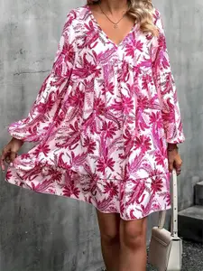 StyleCast Pink Floral Print V-Neck Puff Sleeves Layered A-Line Dress