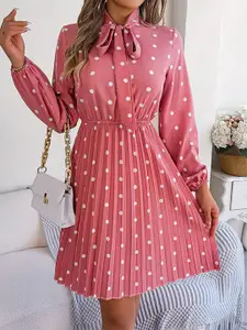 StyleCast Pink Polka Dot Print Tie-Up Neck Fit & Flare Midi Dress