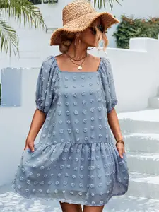 StyleCast Blue Self Design Square Neck Drop-Waist Dress