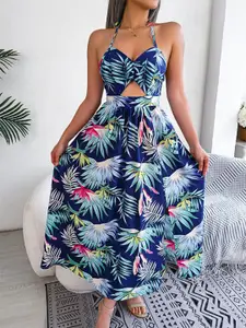 StyleCast Blue Tropical Printed Halter Neck Cut-Outs Fit & Flare Maxi Dress