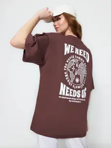 Trendyol Typography Printed Drop-Shoulder Sleeves Pure Cotton Longline T-shirt