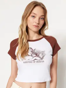 Trendyol Graphic Printed Raglan Sleeves Pure Cotton Crop T-shirt