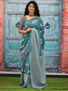 KIAARON Floral Printed Pure Cotton Block Print Saree