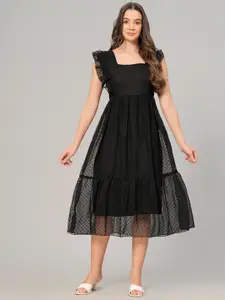 KALINI Self Design Square Neck Flutter Sleeve Georgette A-Line Midi Dress