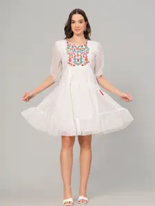 HIGHLIGHT FASHION EXPORT Floral Embroidered Georgette Fit & Flare Above Knee Dress