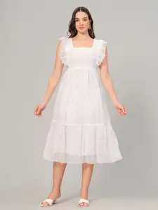 HIGHLIGHT FASHION EXPORT Self Design Square Neck Gathered Detail Fit & Flare Midi Dress