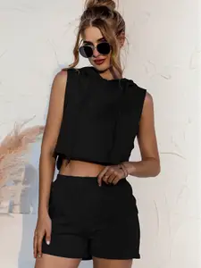StyleCast Black Hooded Sleeveless Top and Shorts