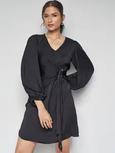 AND V-Neck Puff Sleeves Gathered Detailed A-Line Dress