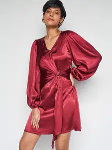 AND V-Neck Puff Sleeves Gathered Detailed A-Line Dress