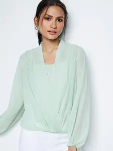 AND Embellished Puff Sleeves Gathered Detailed Wrap Top